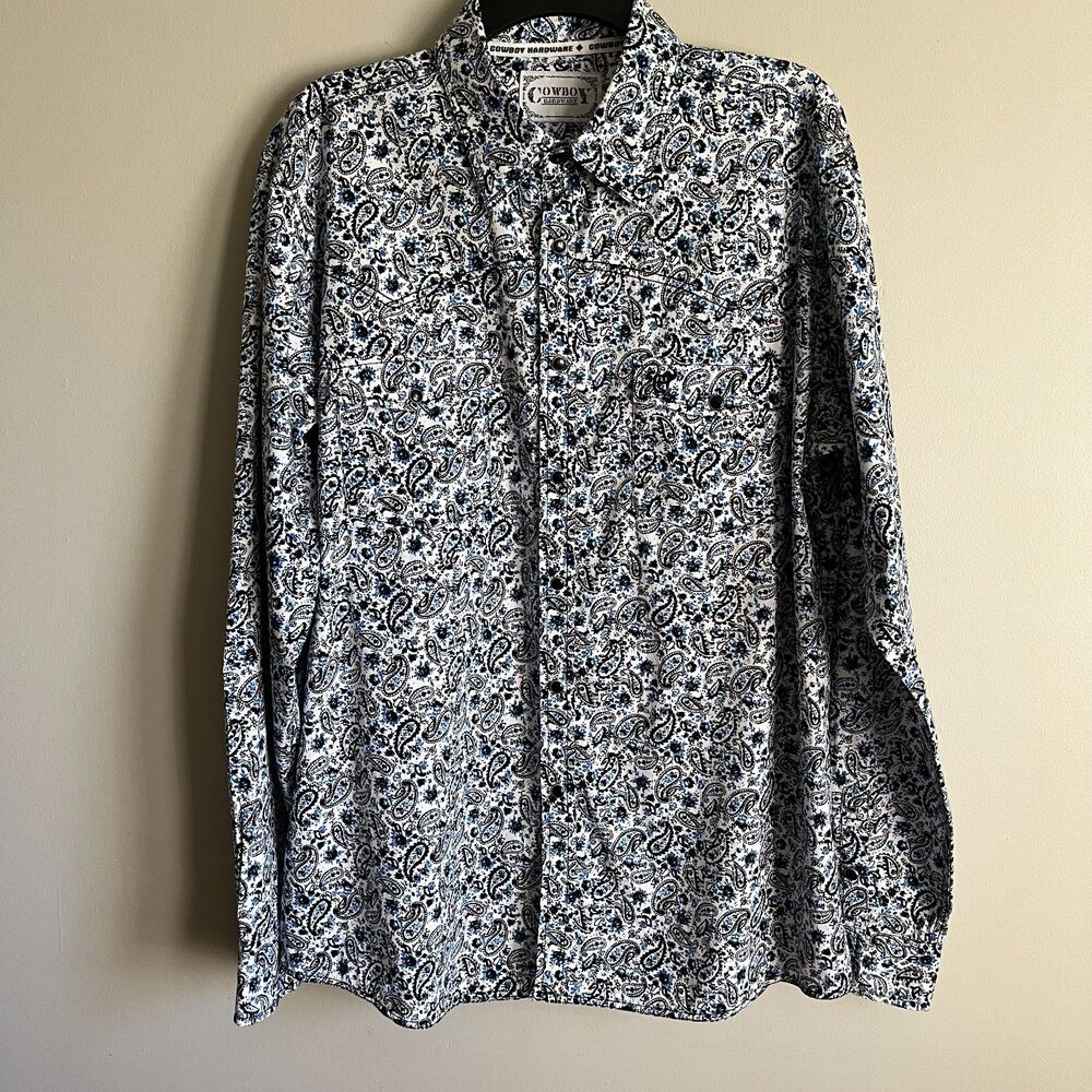 Cowboy Hardware Western Long Sleeve Snap Shirt Men L Blue/Black Scatter Paisley